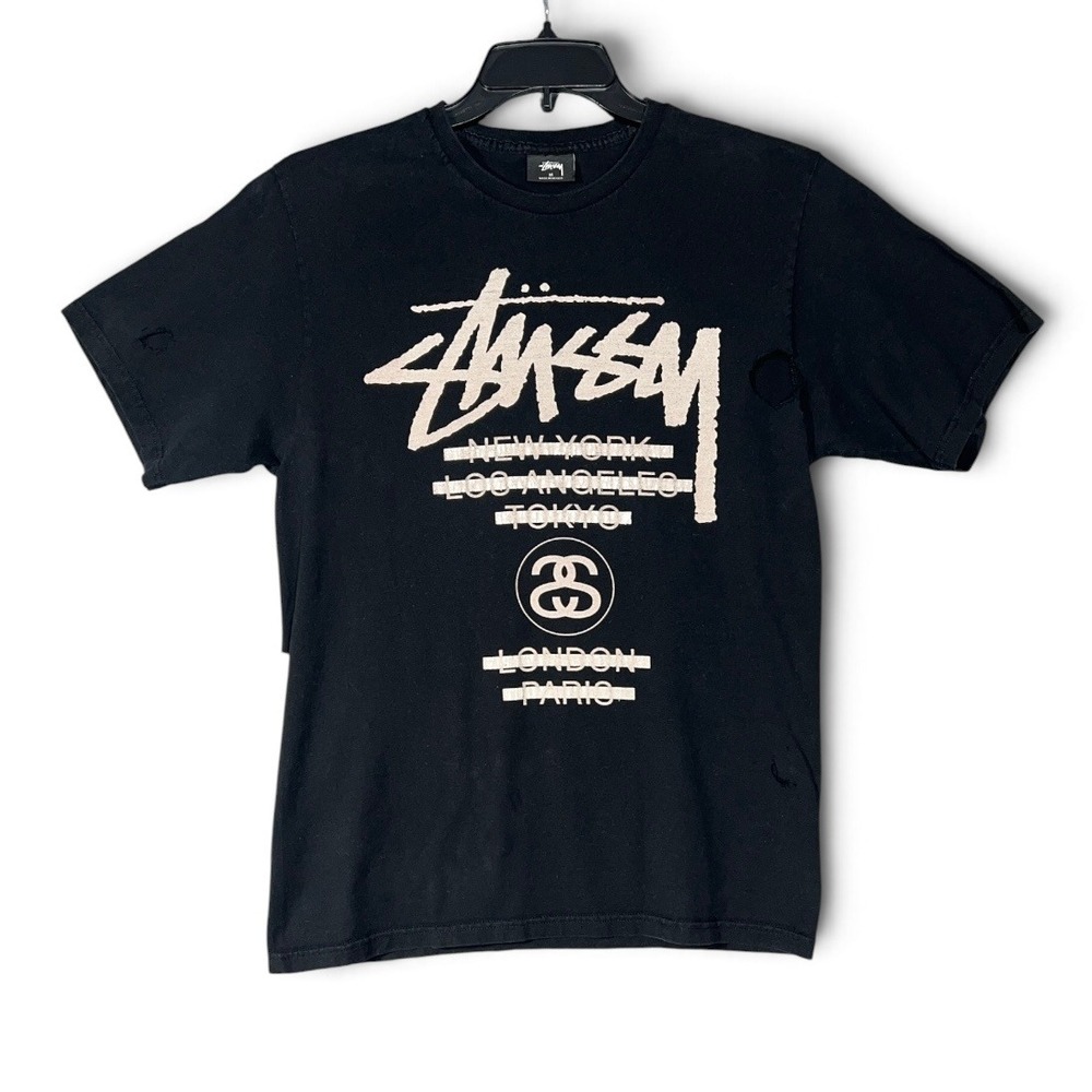 Stussy World Tour Graphic T-Shirt Mens Medium Black Distressed Streetwear Tee
